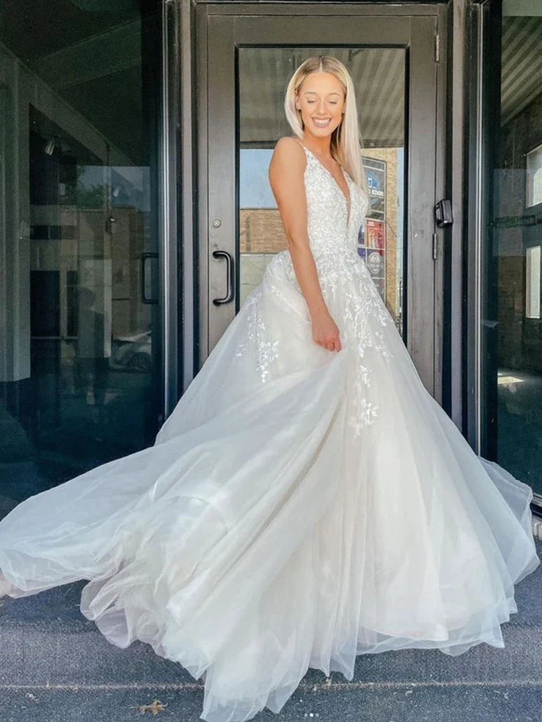 V Neck Ivory Lace Floral Long Prom Dresses with Train Wedding Dresses Charming