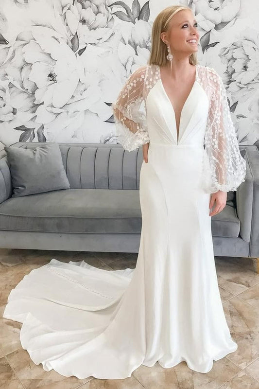 Ivory Plunge V Mermaid Long Wedding Dress with Balloon Sleeves Sexy