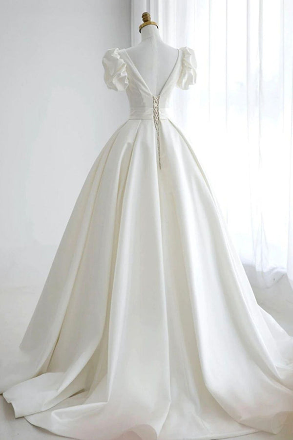 Elegant A Line V Neck White Wedding Dress with Short Sleeves Beautiful