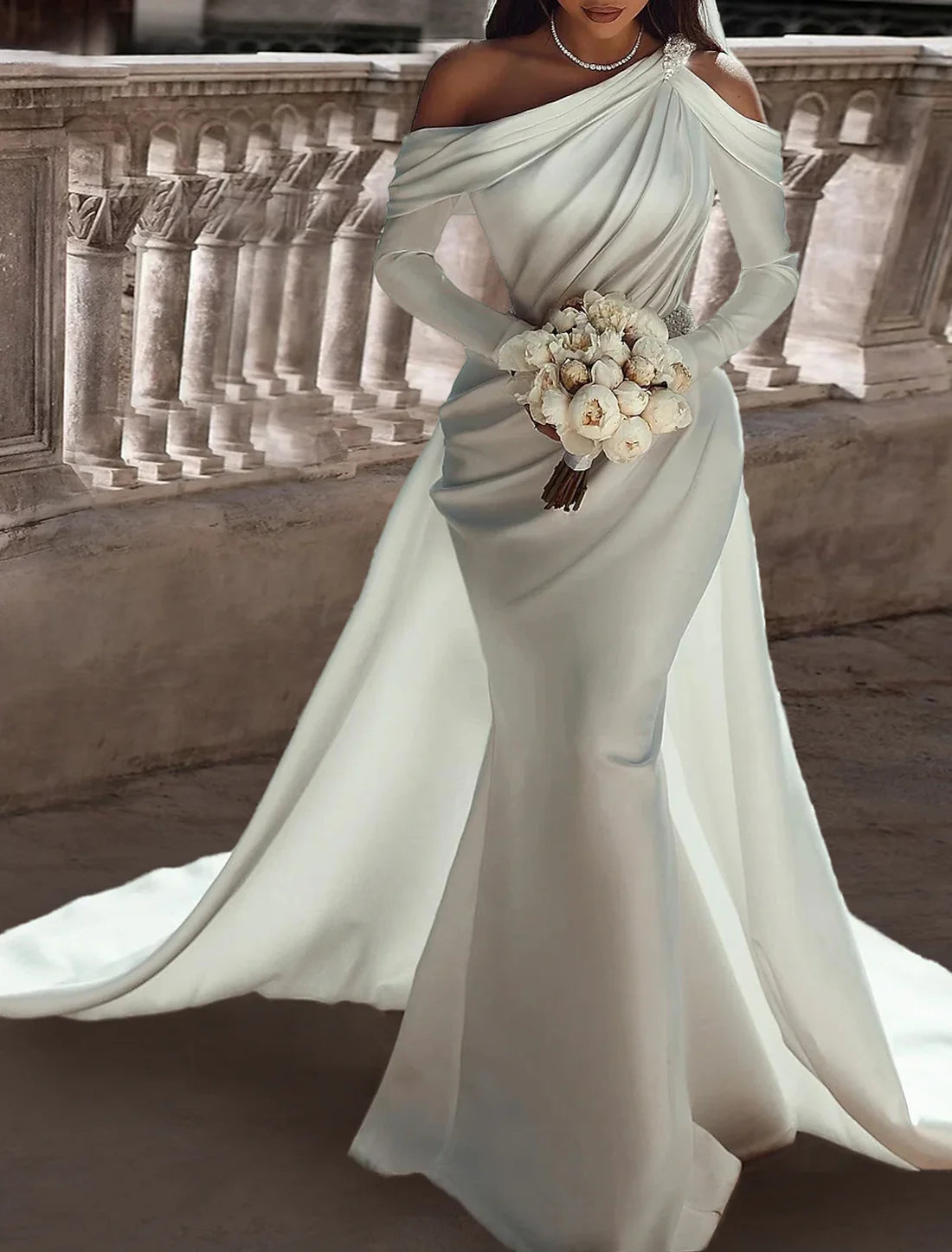 Formal Wedding Dresses Two Piece One Shoulder Long Sleeve Floor Length Satin Bridal Gowns With Sash / Ribbon Beading Ivory