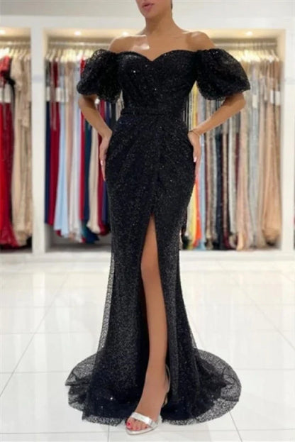 Glitter Evening Dress Ball Gown with Sleeves Prom Dresses Sparkly Evening Dresses