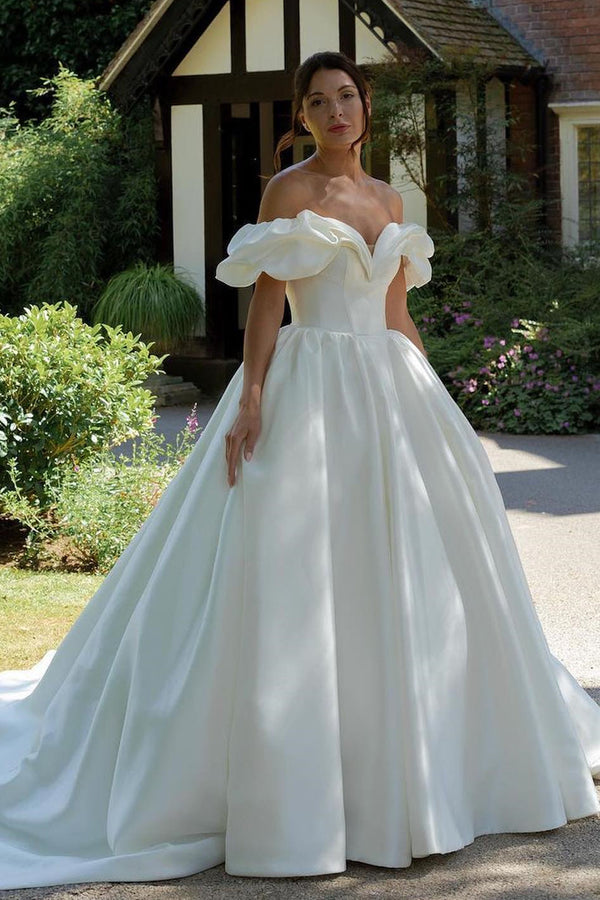 White Puff Off-the-Shoulder V Neck Sweeping Long Wedding Dress Sexy