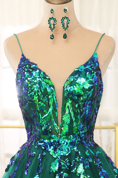 Dark Green A Line Tulle Long Prom Dress With Sparkly Sequined Appliques Beautiful