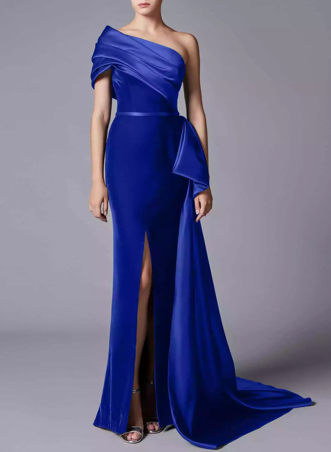 Slim fit/column shoulder split velvet mother of the bride dresses Royal Blue