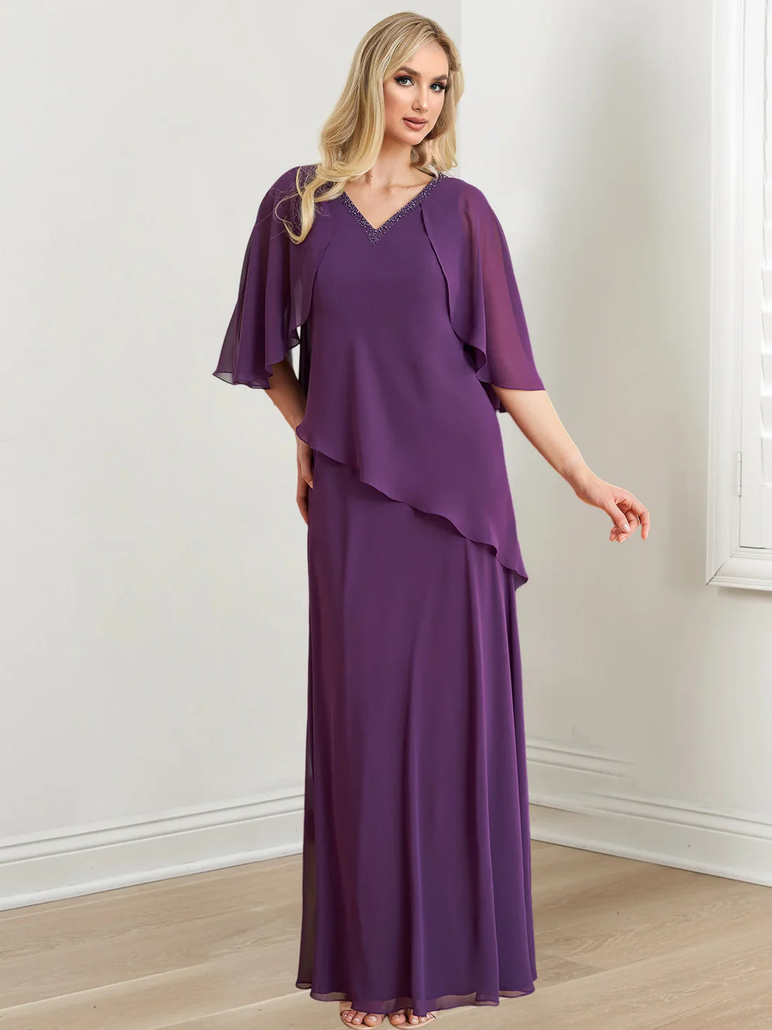 A-line/Princess V-neck to floor length mother of the bride dresses Purple
