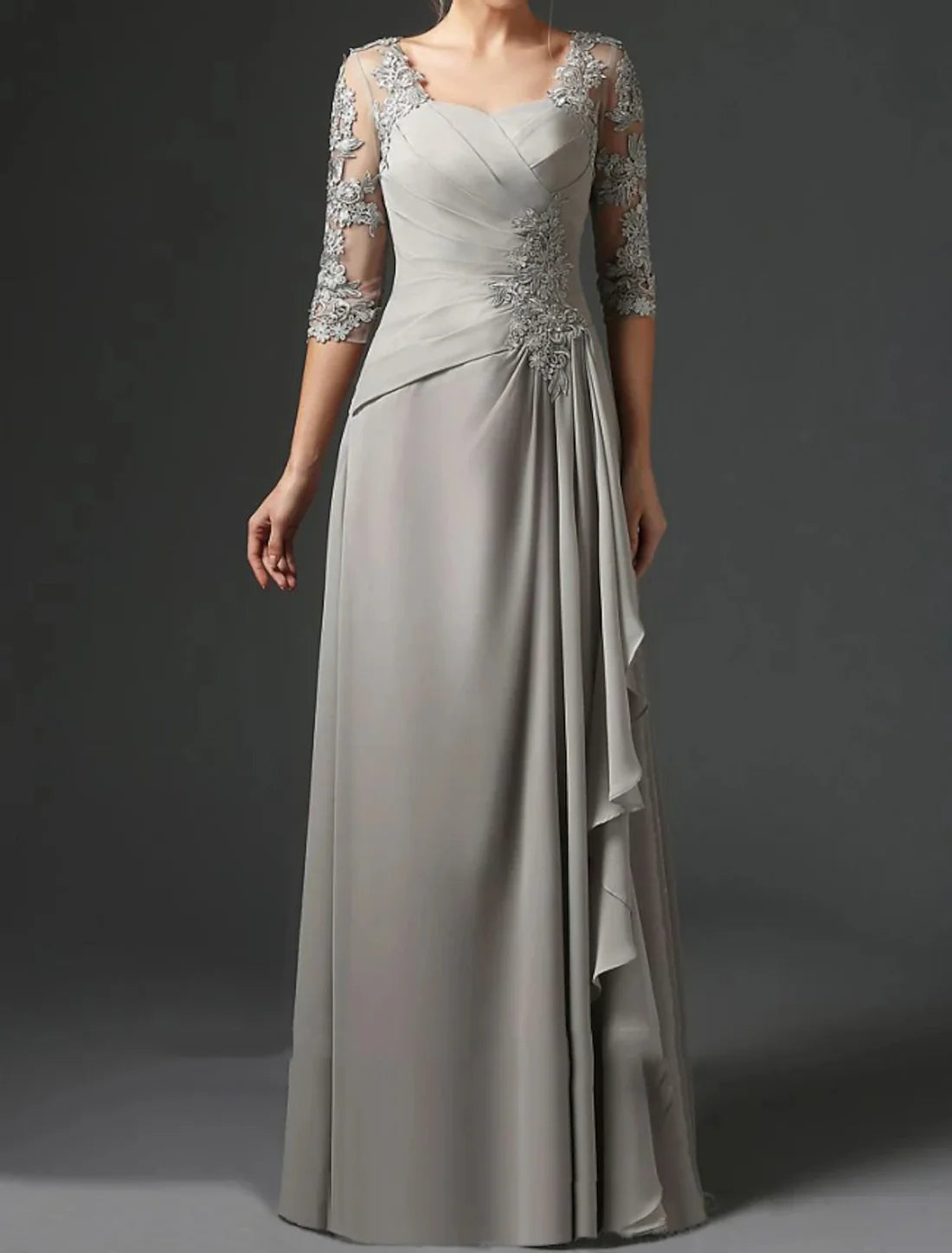 Sheath / Column Mother of the Bride Dress Wedding Guest Elegant Square Neck Floor Length Chiffon Lace Half Sleeve with Ruching Light Grey