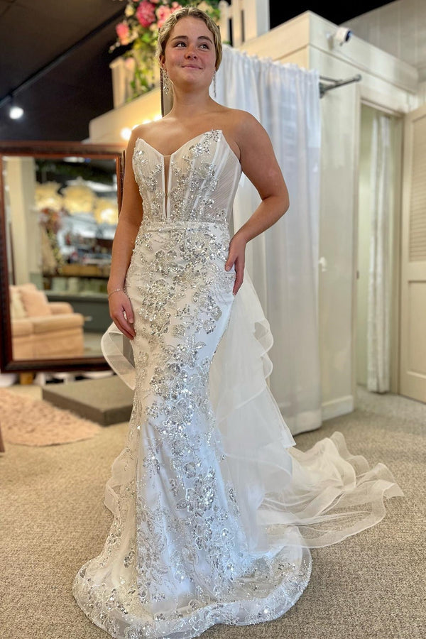 White Strapless Mermaid Long Wedding Dress with Detachable Train Off Shoulder Sparkly