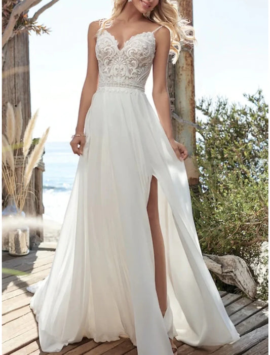 Hall Formal Wedding Dresses A-Line Camisole Spaghetti Strap Court Train Chiffon Bridal Gowns With Pleats Split