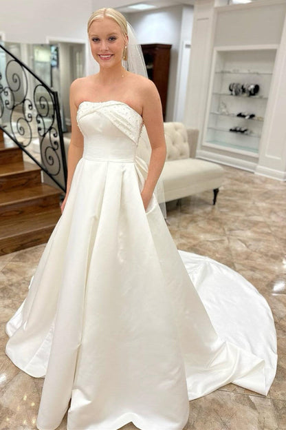 White Strapless Bow-Back Pearls A-Line Wedding Dress Off Shoulder Beautiful