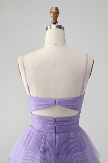 Cute Purple A Line Spaghetti Straps Short Tiered Homecoming Dress with Hollow Out Beautiful