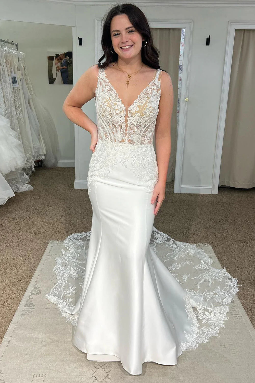 Elegant White Deep V-Neck Mermaid Wedding Dress With Lace Accents Sleeveless