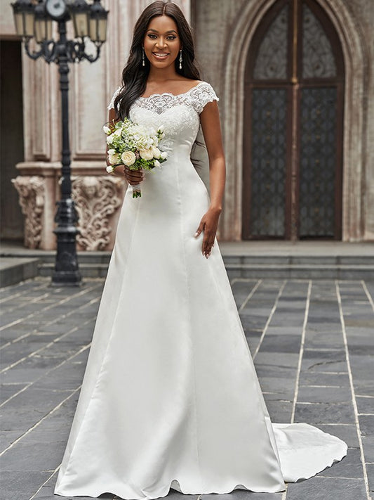 A-Line/Princess Scoop Satin Lace Sleeveless Chapel Train Wedding Dresses