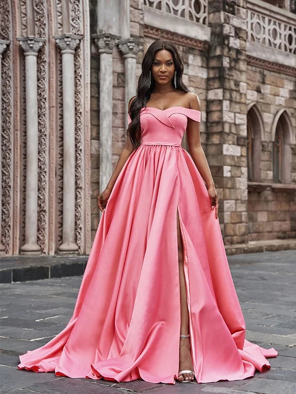 A-Line Princess Satin Sleeveless Ruffles Off-the-Shoulder Court Train Dresses