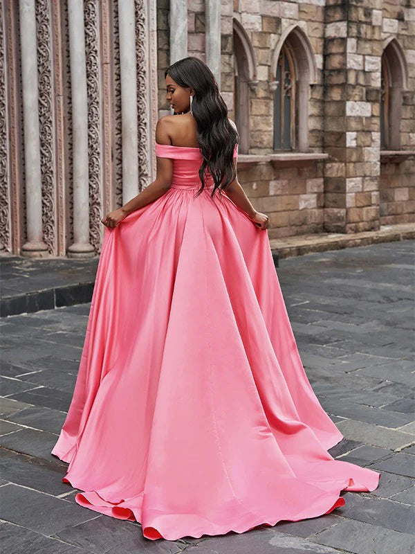 A-Line Princess Satin Sleeveless Ruffles Off-the-Shoulder Court Train Dresses