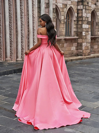 A-Line Princess Satin Sleeveless Ruffles Off-the-Shoulder Court Train Dresses