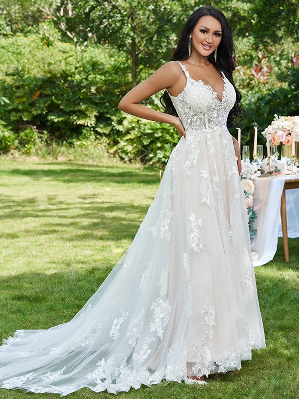 A-Line/Princess Lace Applique V-neck Sleeveless Sweep/Brush Train Wedding Dresses