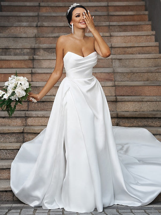 A-Line/Princess Satin Ruffles Sweetheart Sleeveless Chapel Train Wedding Dresses