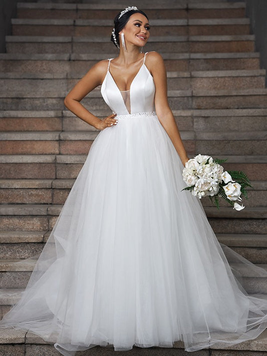 A-Line/Princess Tulle Ruffles V-neck Sleeveless Sweep/Brush Train Wedding Dresses