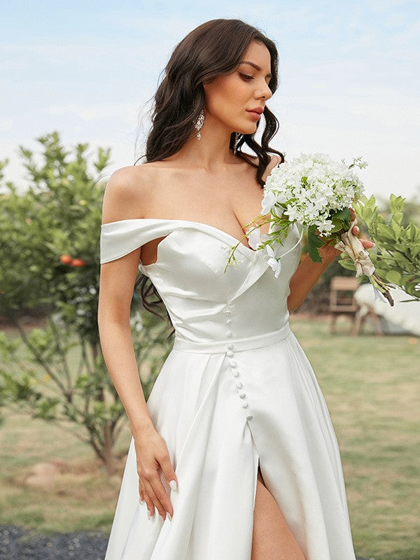 A-Line/Princess Satin Ruched Off-the-Shoulder Sleeveless Sweep/Brush Train Wedding Dresses