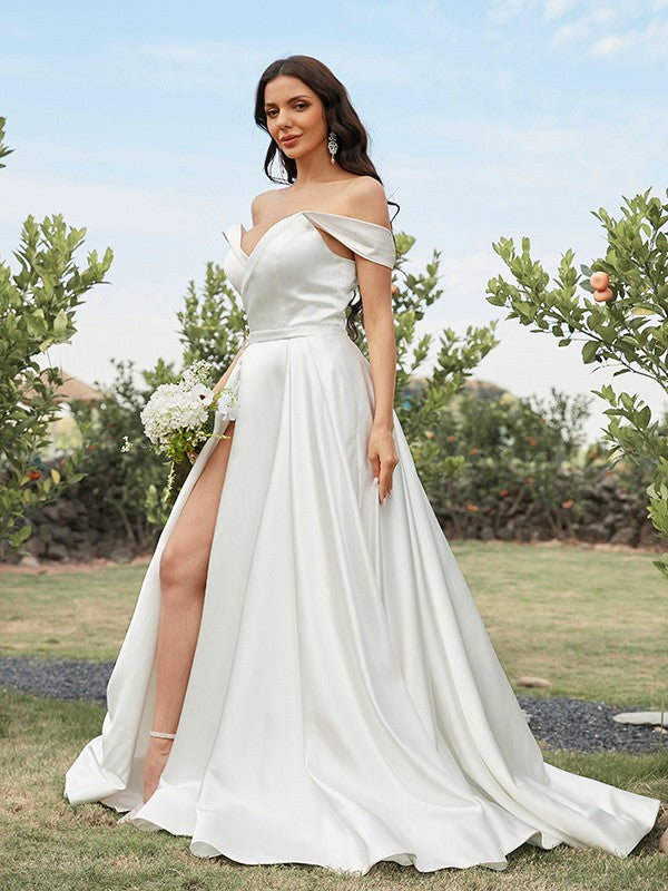 A-Line/Princess Satin Ruched Off-the-Shoulder Sleeveless Sweep/Brush Train Wedding Dresses