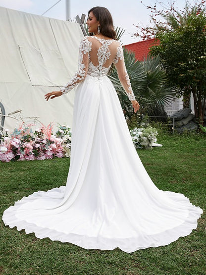 A-Line/Princess Chiffon Applique V-neck Long Sleeves Sweep/Brush Train Wedding Dresses