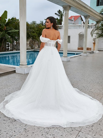 A-Line/Princess Lace Applique Off-the-Shoulder Sleeveless Sweep/Brush Train Wedding Dresses