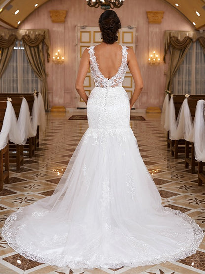 Trumpet/Mermaid Lace Applique V-neck Sleeveless Sweep/Brush Train Wedding Dresses