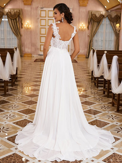 A-Line/Princess Chiffon Applique Straps Sleeveless Sweep/Brush Train Wedding Dresses