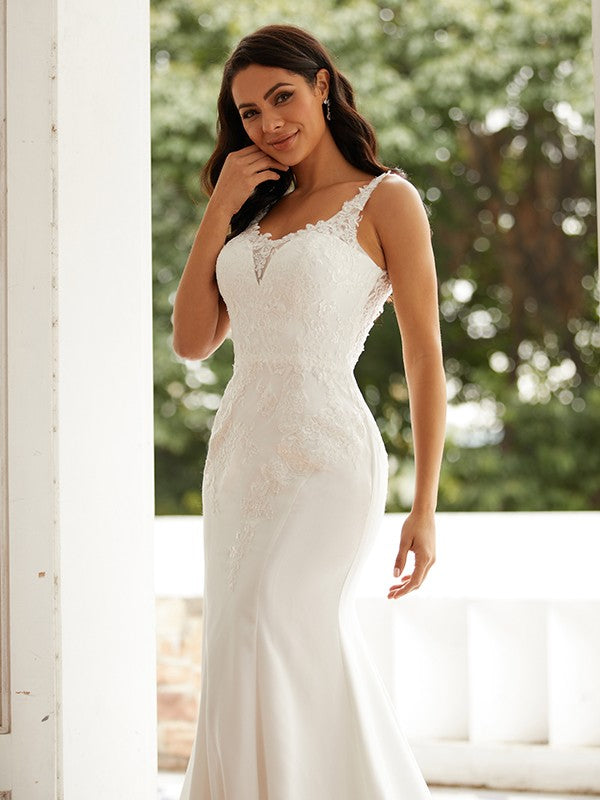 Sheath/Column Stretch Crepe Lace Straps Sleeveless Court Train Wedding Dresses