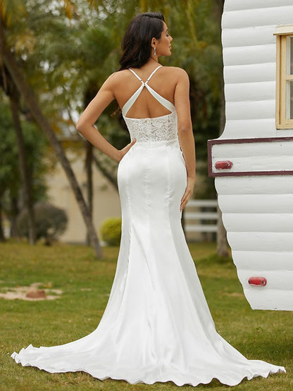 Sheath/Column Elastic Woven Satin Ruched Spaghetti Straps Sleeveless Court Train Wedding Dresses