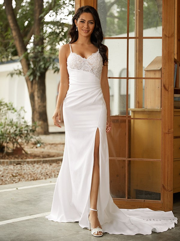 Sheath/Column Stretch Crepe Lace V-neck Sleeveless Sweep/Brush Train Wedding Dresses