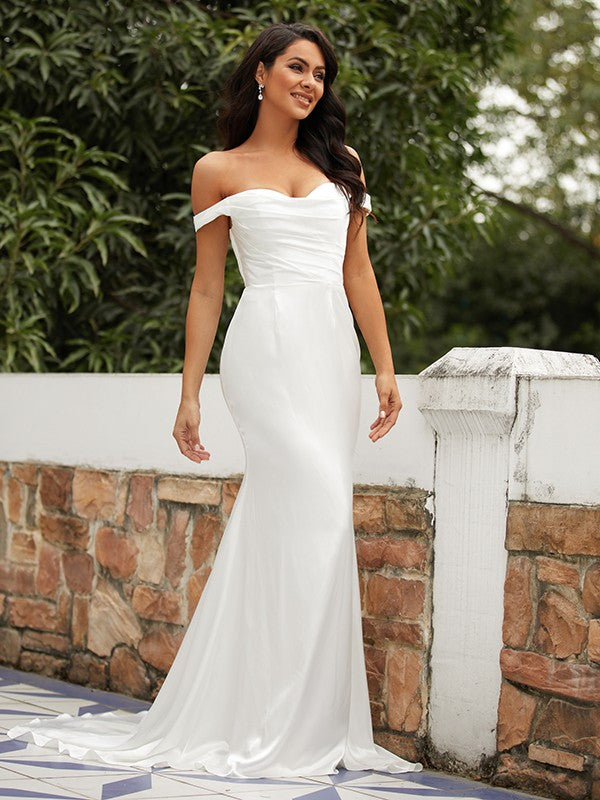 Sheath/Column Elastic Woven Satin Ruched Off-the-Shoulder Sleeveless Sweep/Brush Train Wedding Dresses