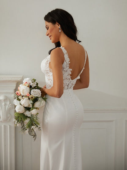 Sheath/Column Stretch Crepe Lace V-neck Sleeveless Sweep/Brush Train Wedding Dresses