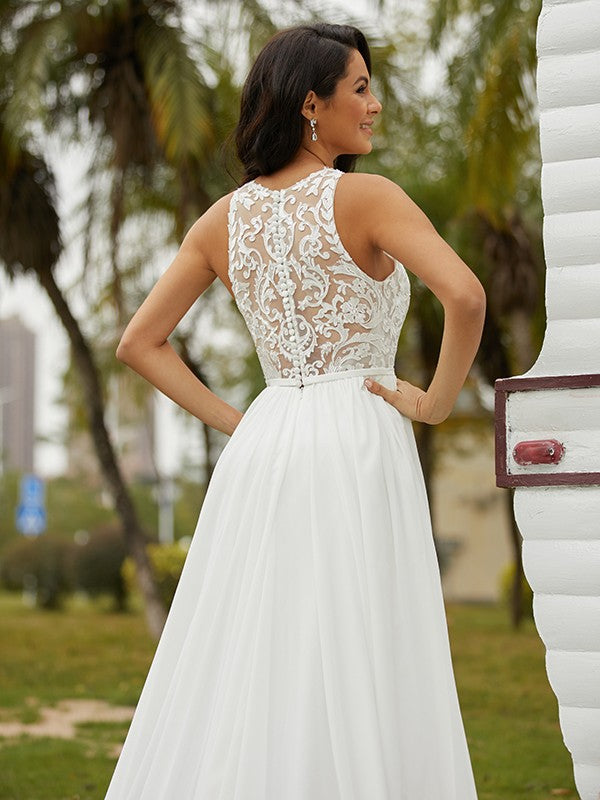 A-Line/Princess Chiffon Lace Scoop Sleeveless Sweep/Brush Train Wedding Dresses