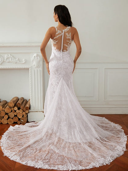 Sheath/Column Lace Scoop Sleeveless Court Train Wedding Dresses