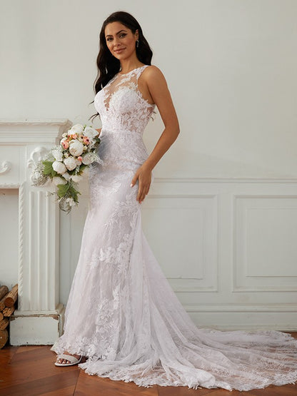 Sheath/Column Lace Scoop Sleeveless Court Train Wedding Dresses