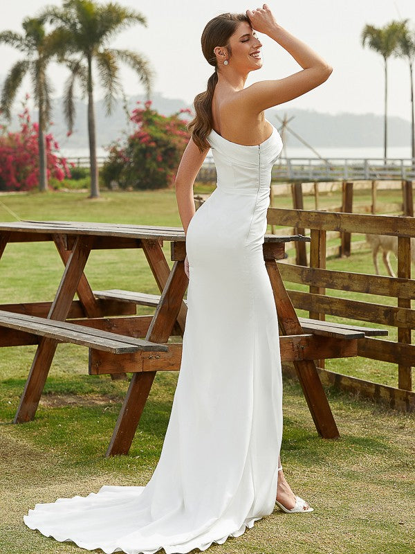 Sheath/Column Charmeuse Ruched One-Shoulder Sleeveless Court Train Wedding Dresses