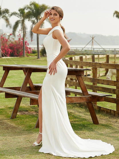 Sheath/Column Charmeuse Ruched One-Shoulder Sleeveless Court Train Wedding Dresses