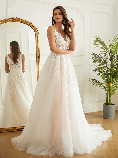 A-Line/Princess Tulle Applique V-neck Sleeveless Chapel Train Wedding Dresses