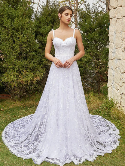 A-Line/Princess Lace Spaghetti Straps Sleeveless Chapel Train Wedding Dresses