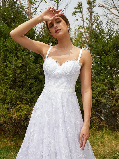 A-Line/Princess Lace Spaghetti Straps Sleeveless Chapel Train Wedding Dresses