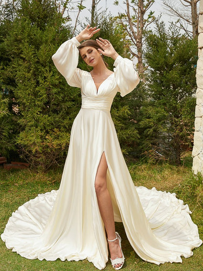 A-Line/Princess Satin Chiffon Ruched V-neck Long Sleeves Cathedral Train Wedding Dresses