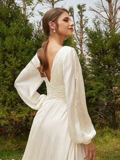 A-Line/Princess Satin Chiffon Ruched V-neck Long Sleeves Cathedral Train Wedding Dresses