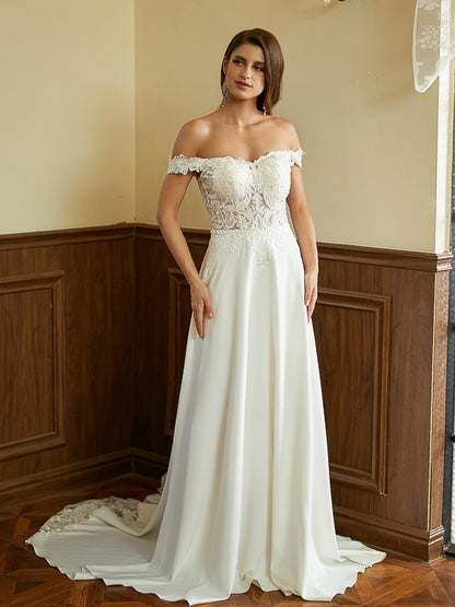 A-Line/Princess Stretch Crepe Lace Off-the-Shoulder Short Sleeves Court Train Wedding Dresses