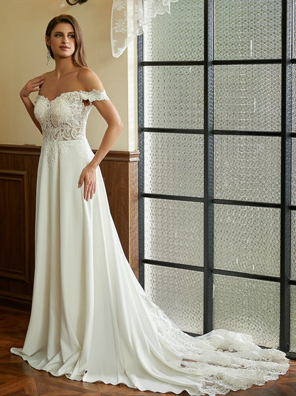 A-Line/Princess Stretch Crepe Lace Off-the-Shoulder Short Sleeves Court Train Wedding Dresses