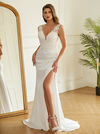 Sheath/Column Charmeuse Lace V-neck Sleeveless Sweep/Brush Train Wedding Dresses