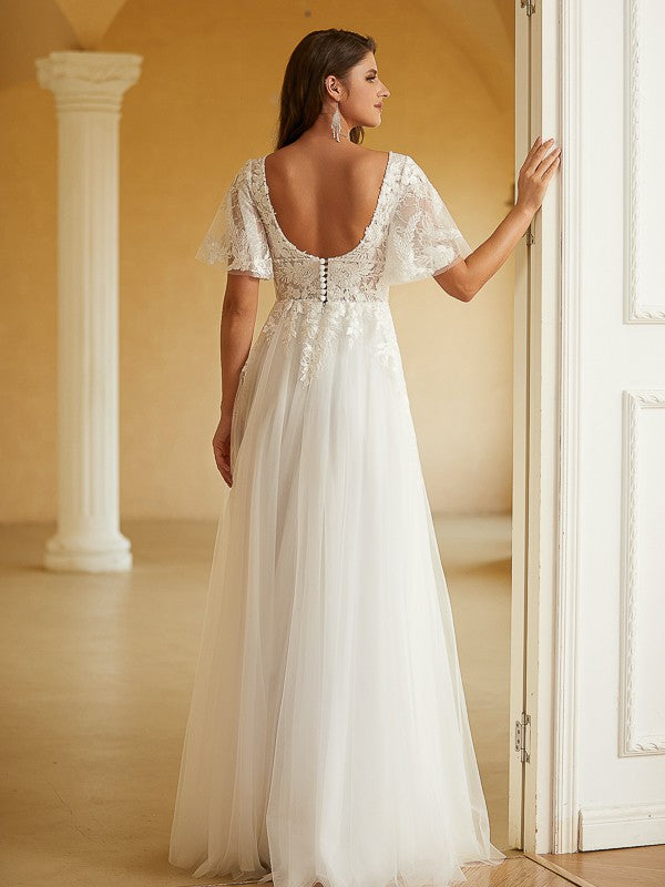 A-Line/Princess Tulle Lace V-neck Short Sleeves Floor-Length Wedding Dresses