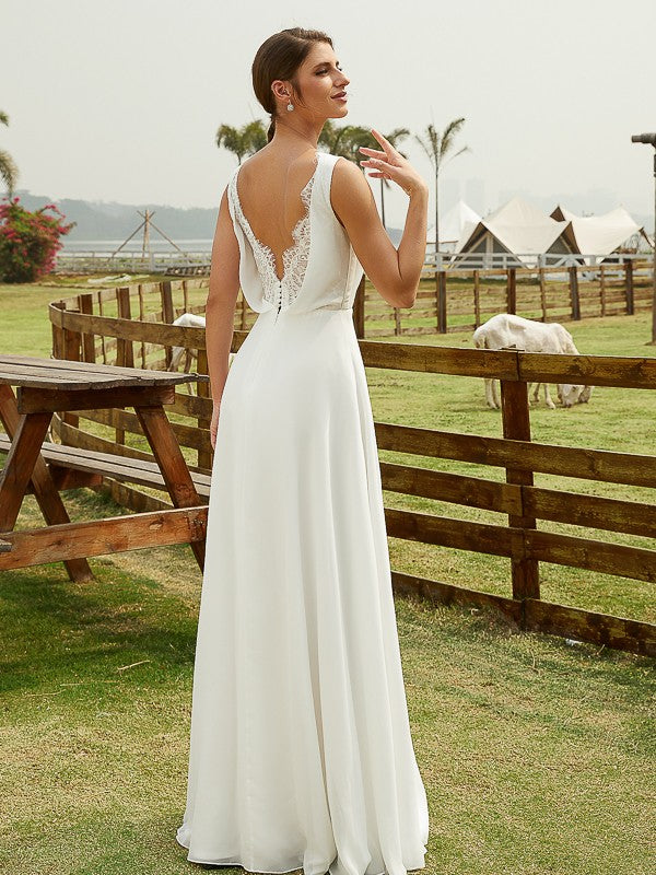 A-Line/Princess Chiffon Ruched V-neck Sleeveless Floor-Length Wedding Dresses