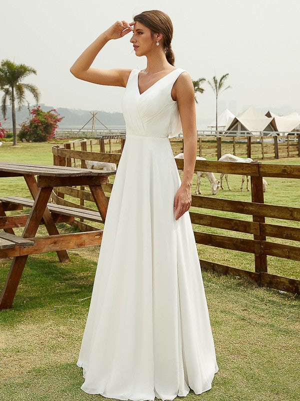 A-Line/Princess Chiffon Ruched V-neck Sleeveless Floor-Length Wedding Dresses