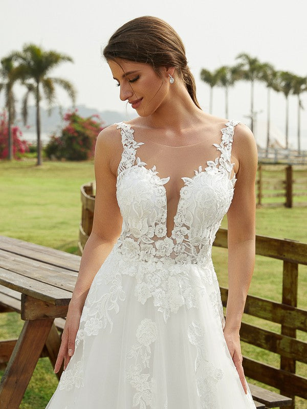 A-Line/Princess Tulle Lace Scoop Sleeveless Chapel Train Wedding Dresses
